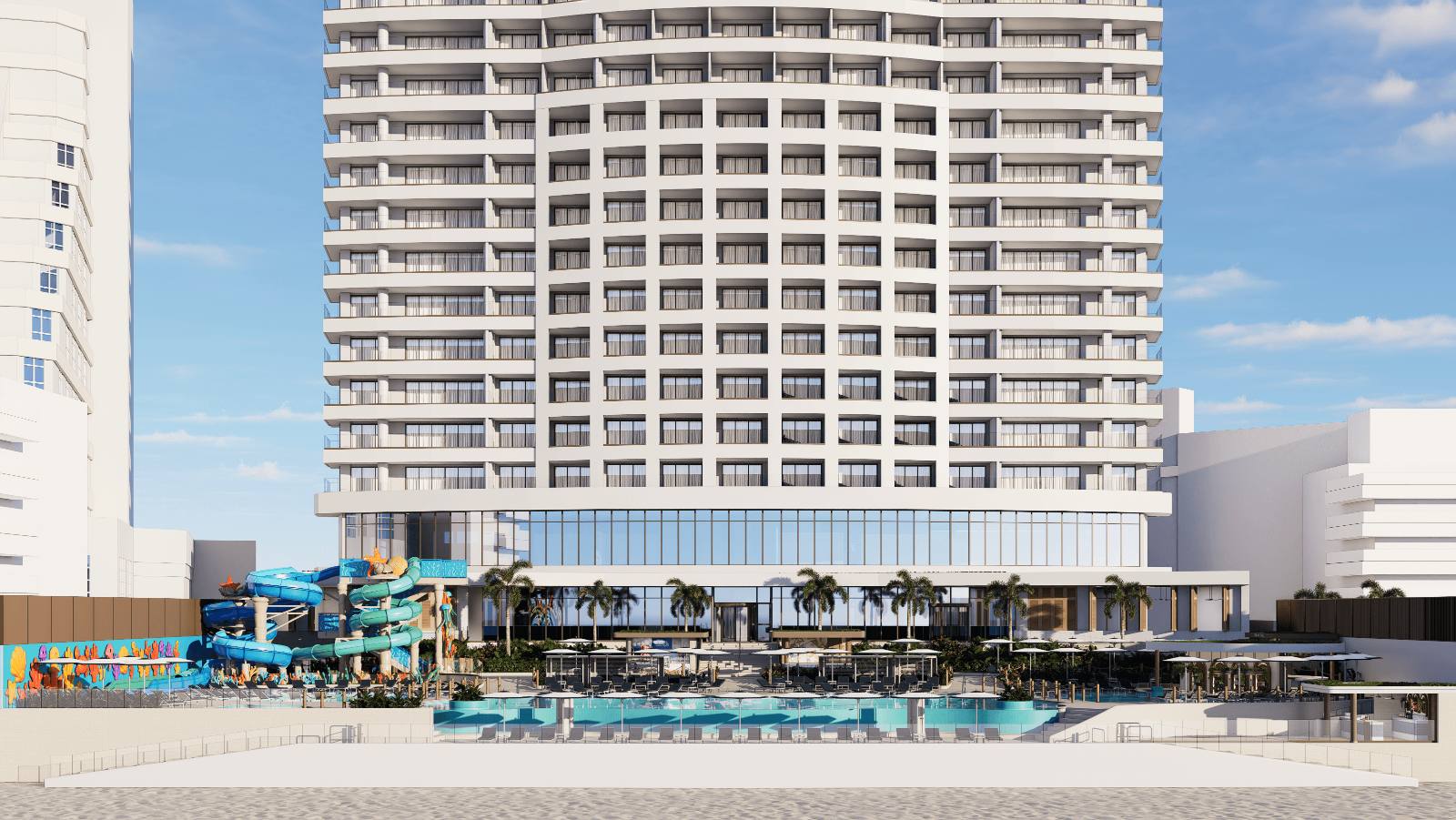Architect’s render of the beachfront elevation, slide tower on the left