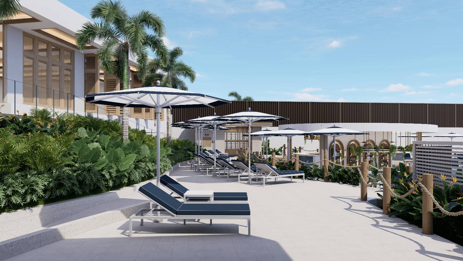 Render: the pool terrace, shade and swim-up bar as designed