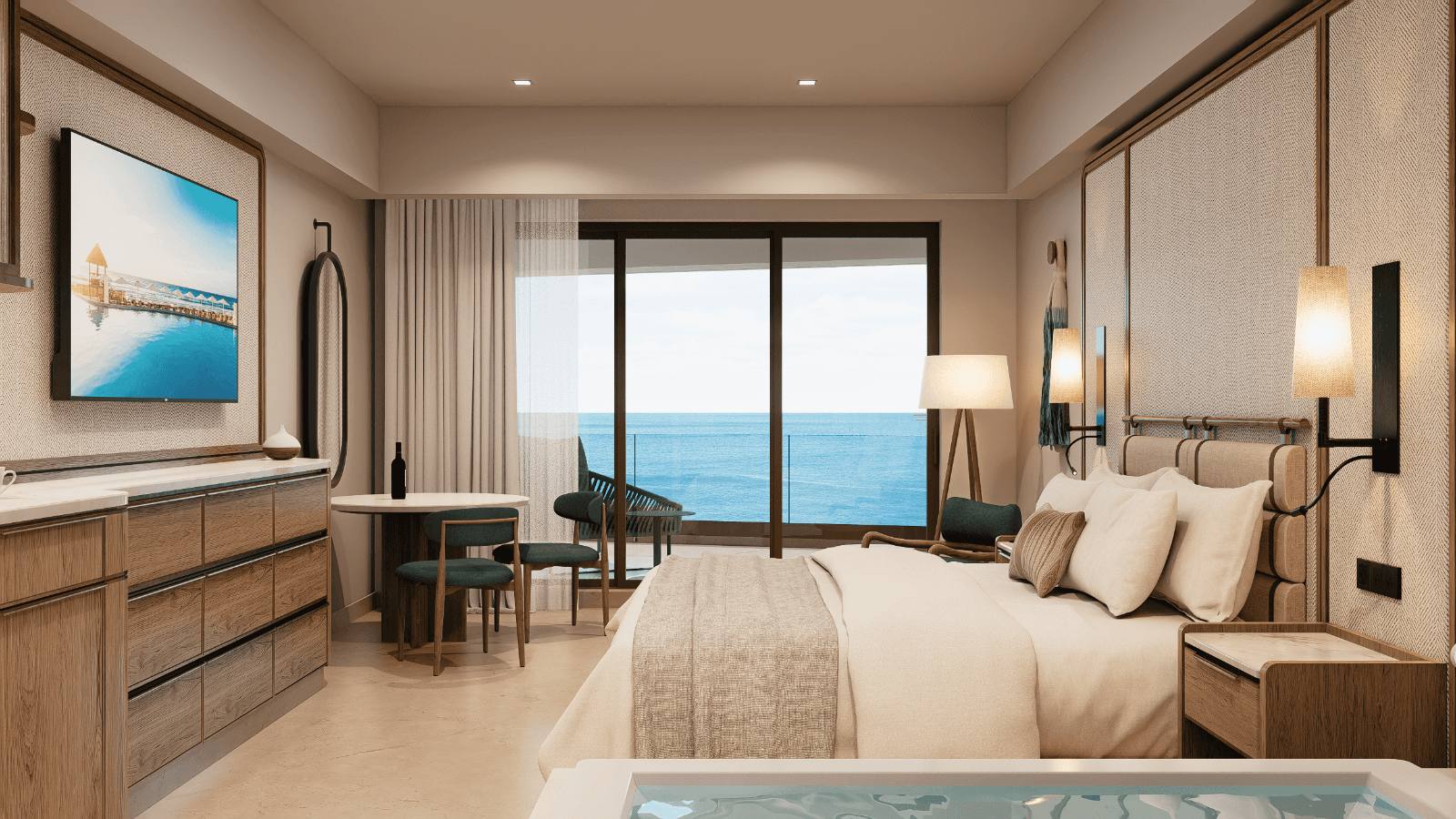 Ocean View room, as designed: king bed, in-room whirlpool, balcony over open water