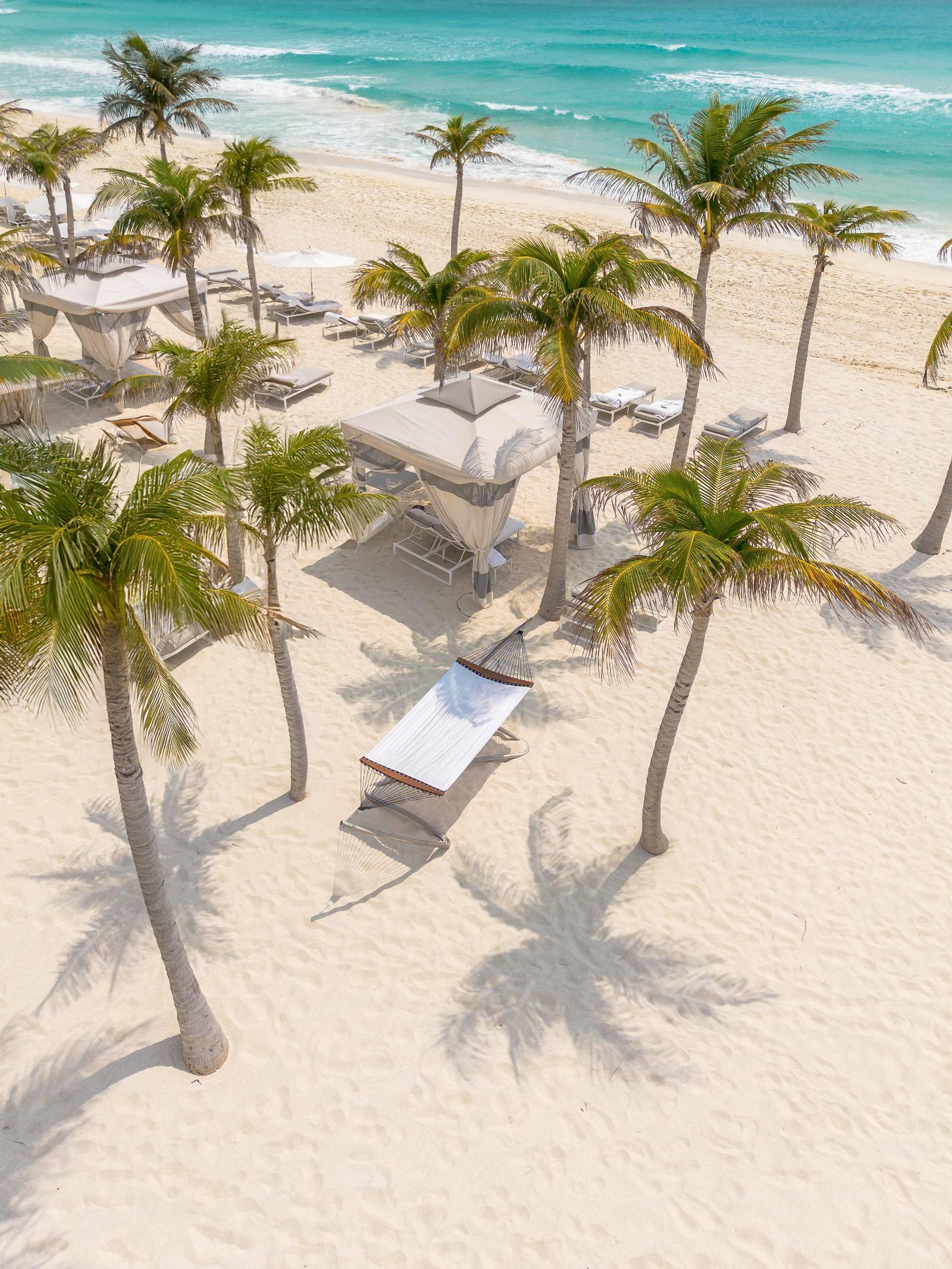 Beach cabanas and hammocks under the palms, straight down from above