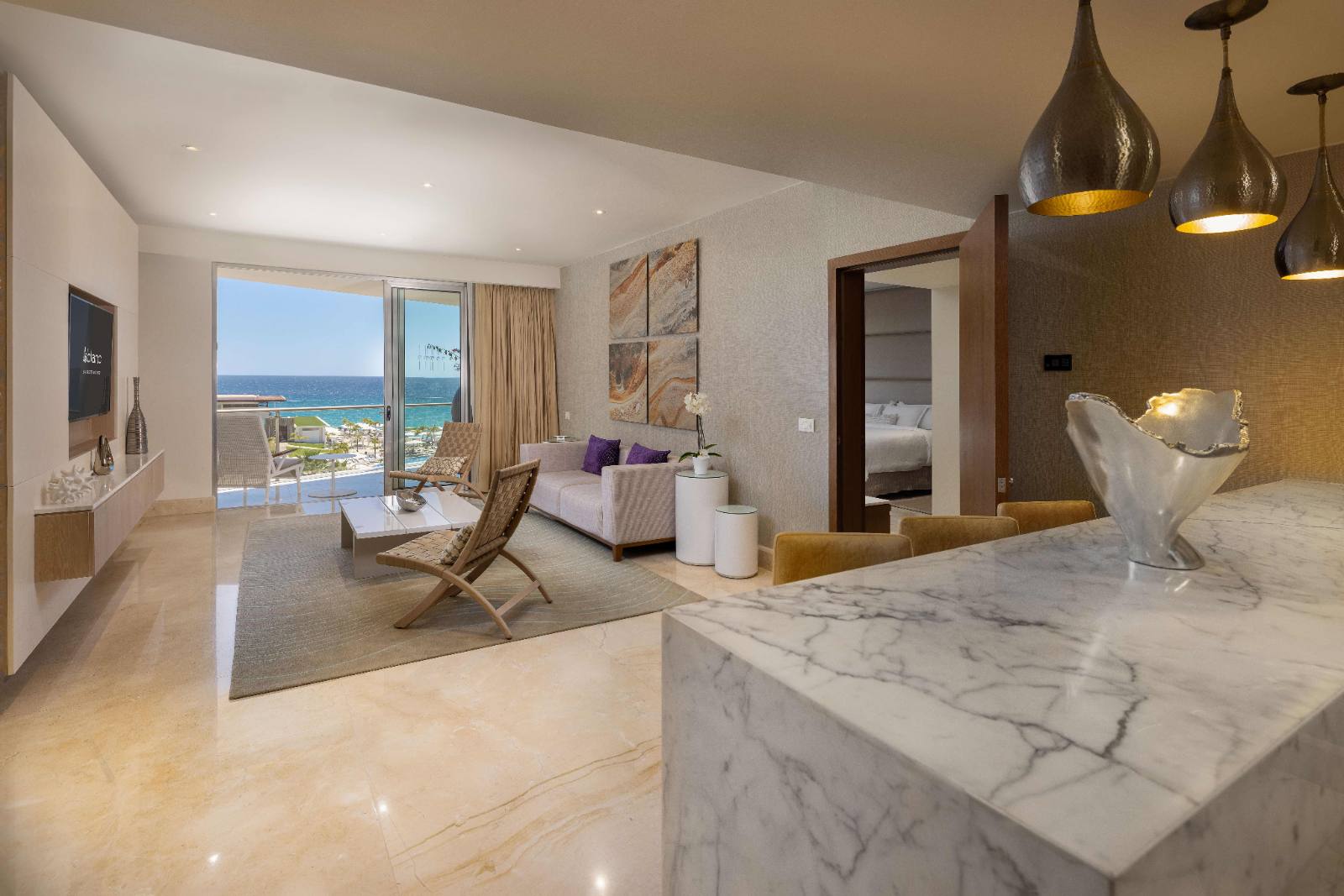 Royale One-Bedroom Presidential Suite: living room, marble bar, separate bedroom