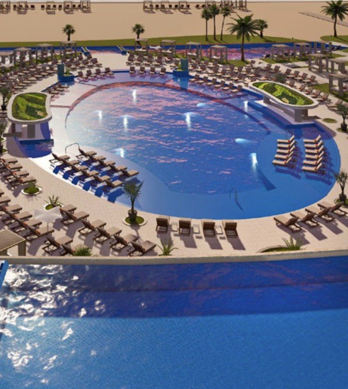 The main pool closer in, with in-water loungers along the shallow edge and cabanas at the back