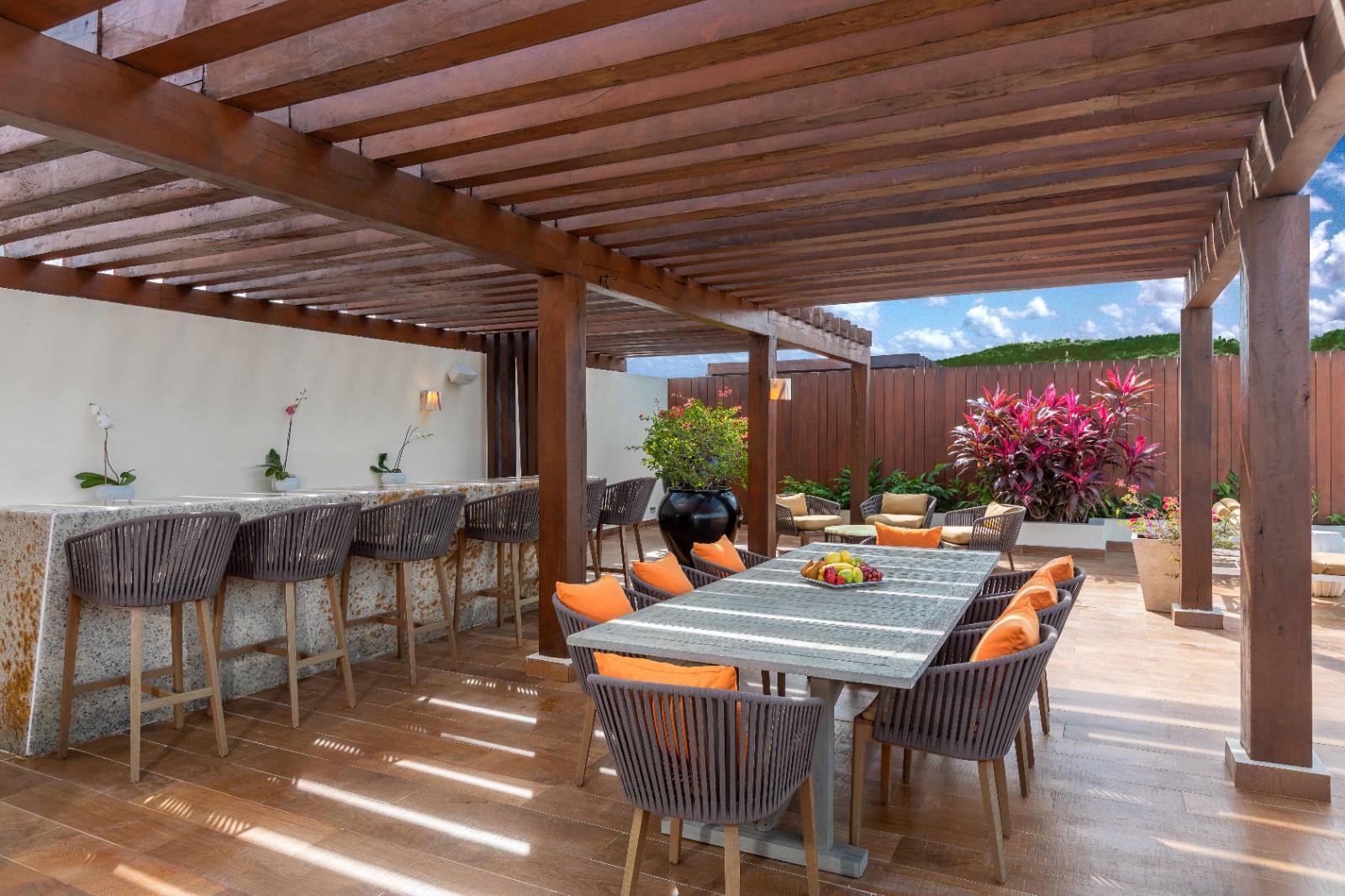 Four-bedroom villa: the terrace and pool deck above the main resort