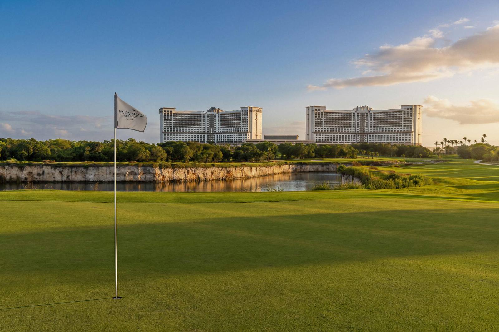The golf course runs right up to the towers; this green is a few minutes’ walk out