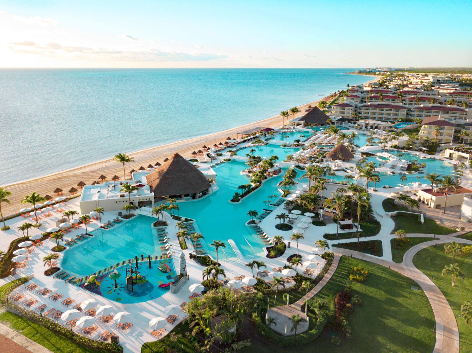 The pool complex and beach at Moon Palace Sunrise from above